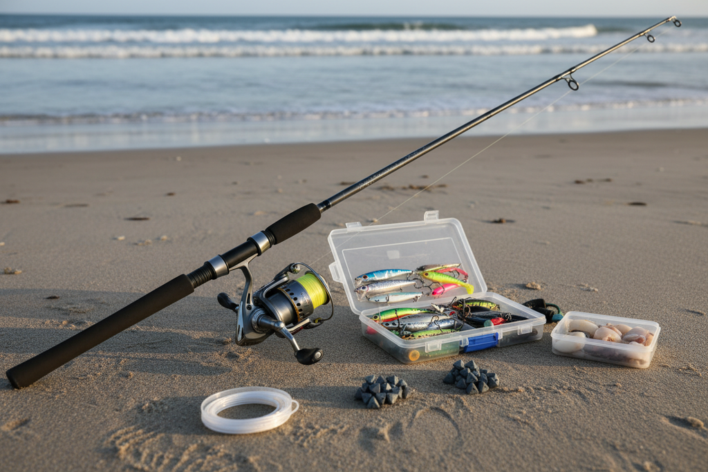 Surfcasting fishing gear laid out on the beach