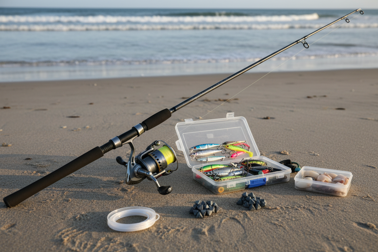 Surfcasting fishing gear laid out on the beach