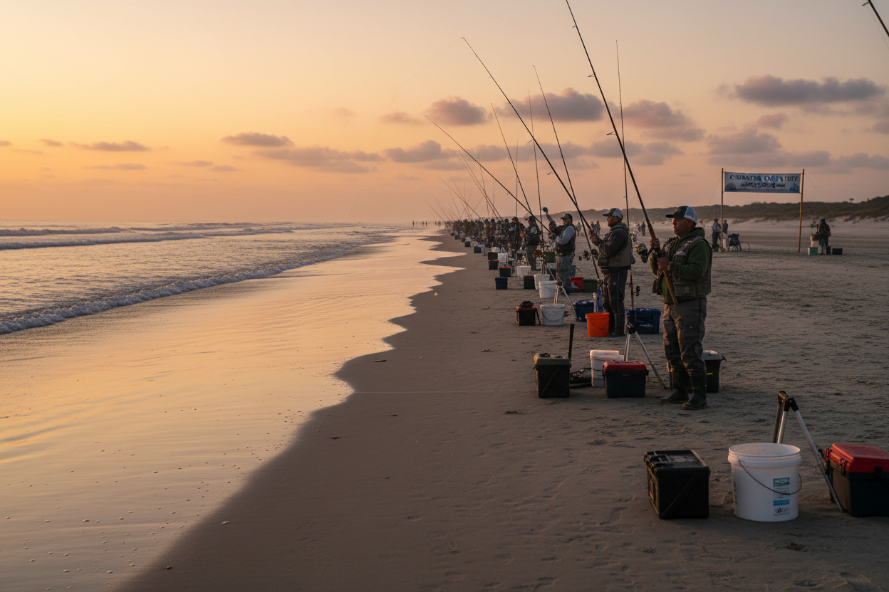 Surfcasting competition with many fishermen lined up on a calm beach at dawn