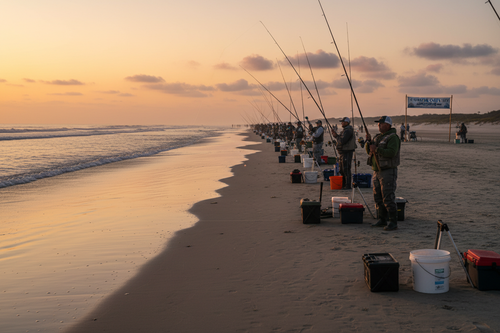 Surfcasting competition with many fishermen lined up on a calm beach at dawn