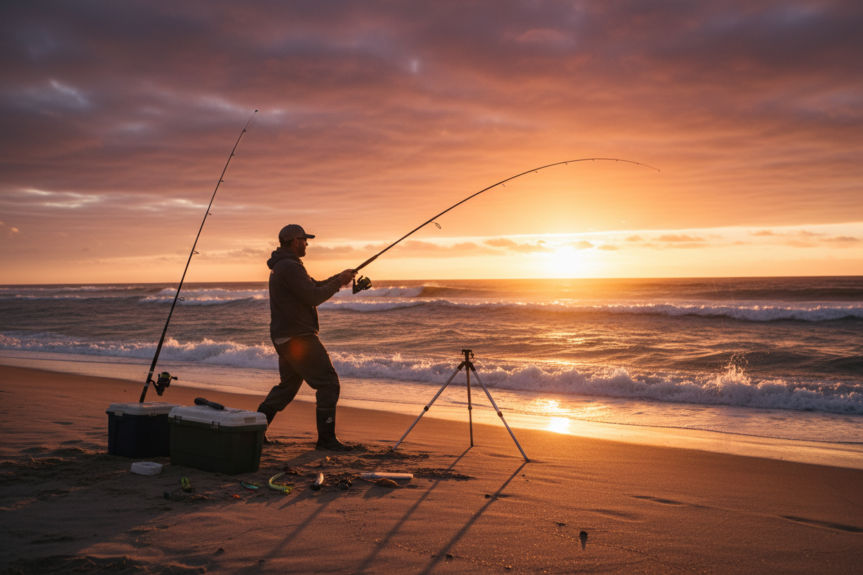 Professional surfcaster on a sandy beach at golden hour casting into the ocean waves