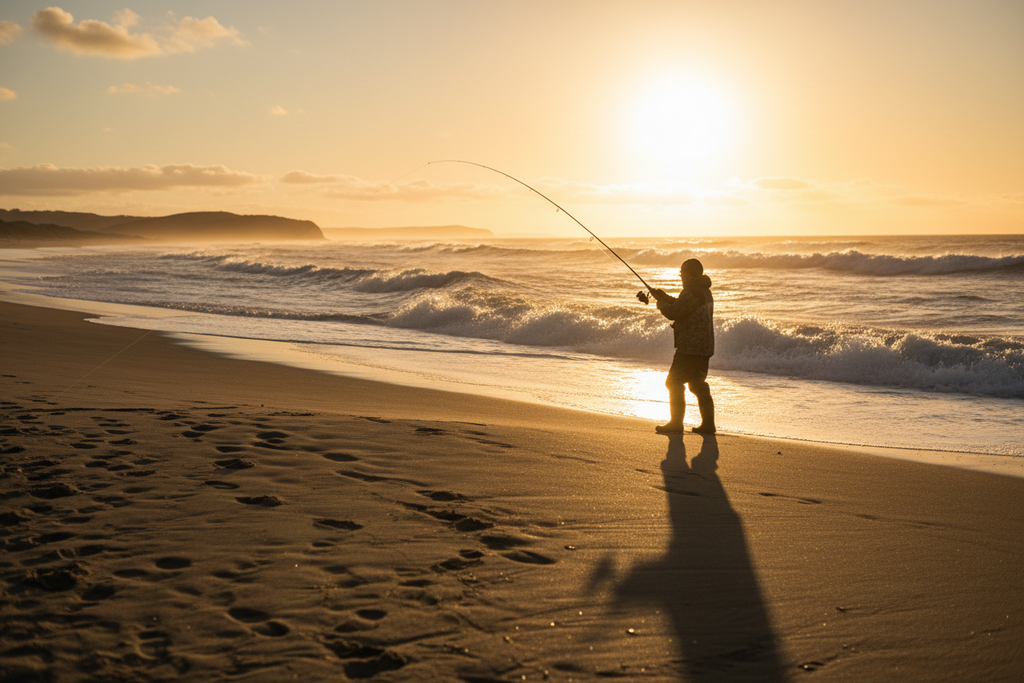 Fisherman surfcasting at sunset on the beach