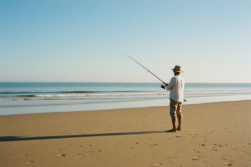 Man fishing on a calm open sandy beach with a long rod
